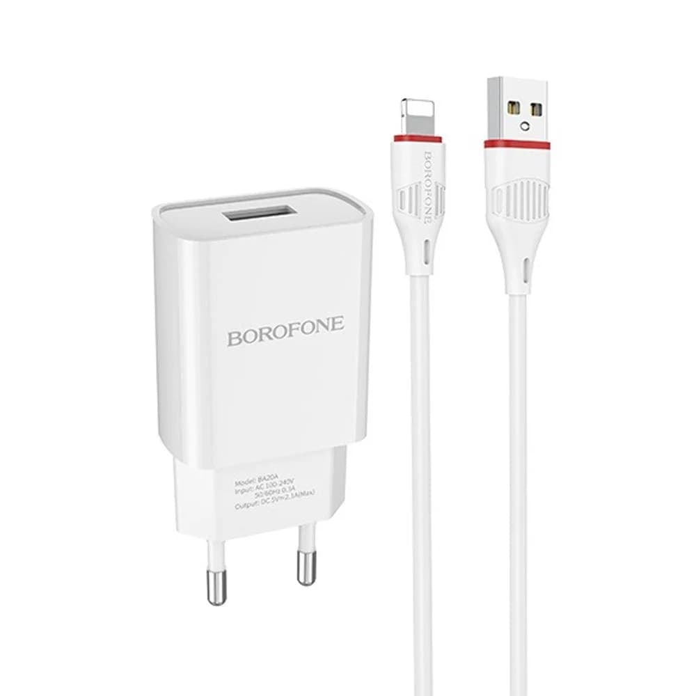 Сетевое зарядное устройство BOROFONE BA20А, 1 USB+кабель  APPLE ,2,1А цвет белый