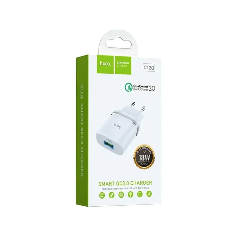Сетевое зарядное устройство Hoco C12Q (QC3.0), 1USB +кабель  цвет белый Mikro