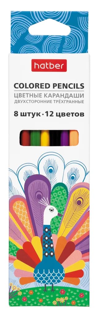 Карандаши цветные Hatber Двухсторонние 4+4шт=12цв трехгран.корпус с заточ. в карт.короб. с европодвесом