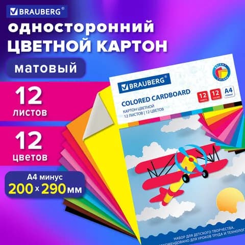 Картон цветной А4 немелованный, 12 листов 12 цветов, в папке, BRAUBERG, 200х290 мм, "Самолет"