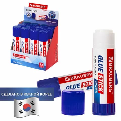 Клей-карандаш УСИЛЕННЫЙ BRAUBERG SUPER, 21 г, ВЫГОДНАЯ УПАКОВКА КОМПЛЕКТ 12 шт., ЮЖНАЯ КОРЕЯ