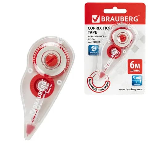 Корректирующая лента BRAUBERG, 5 мм х 6 м, корпус красный, механизм перемотки, блистер