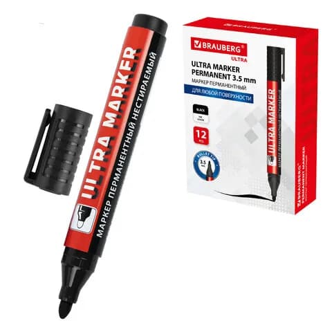 Маркер перманентный ULTRA MARKER, ЧЕРНЫЙ, 3,5 мм, с клипом, BRAUBERG